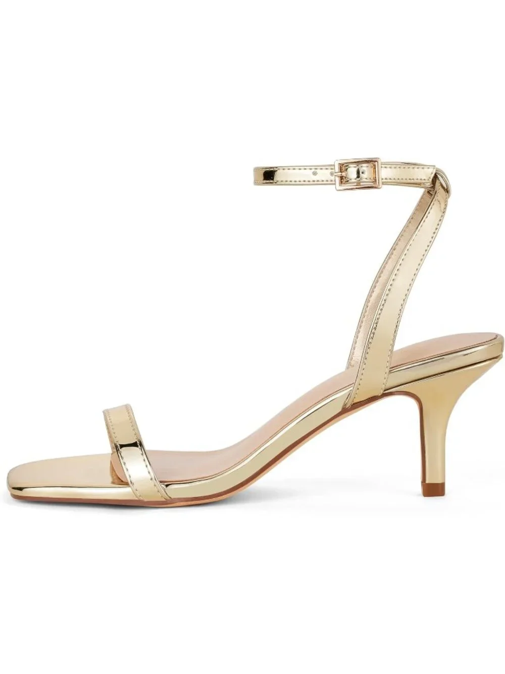 Women's Gold Kitten Low Heels Square Open Toe Ankle Strap Sandals Strappy Heels